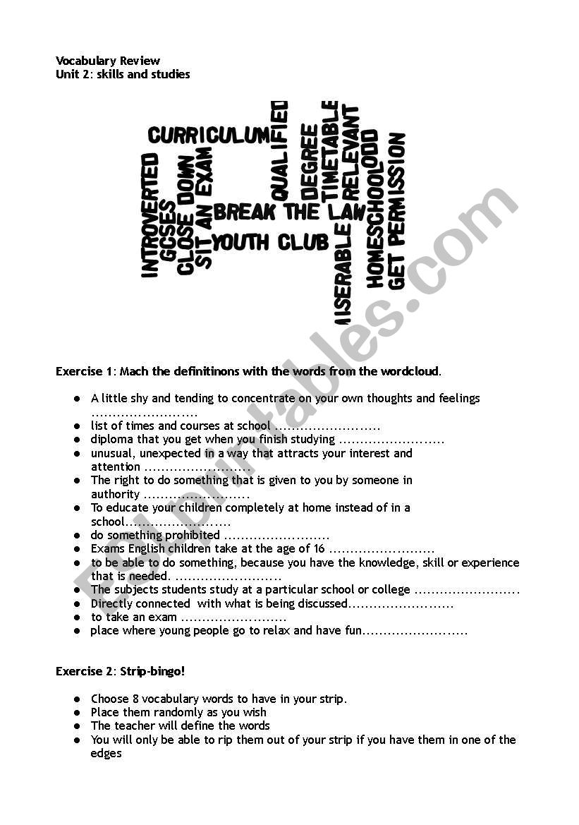 strip bingo worksheet