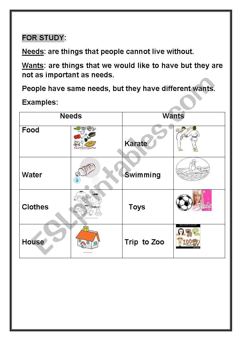 wants and need worksheet