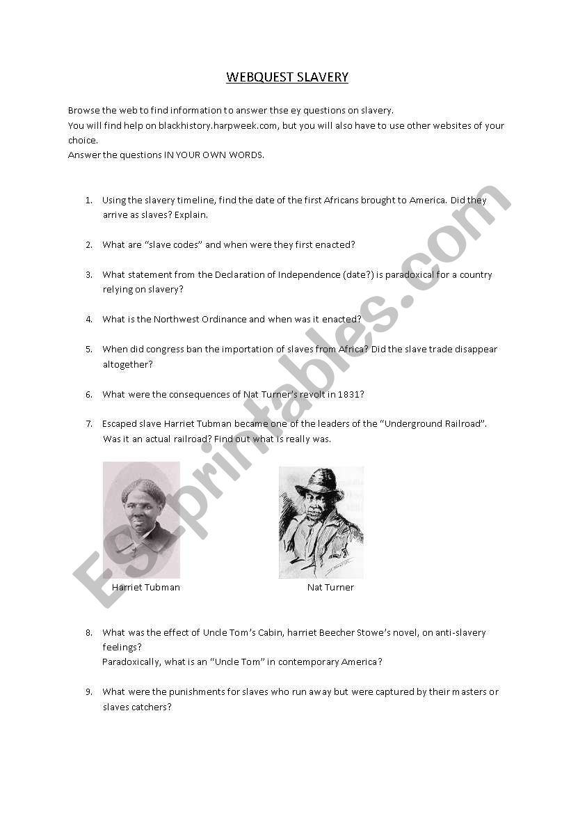 Webquest on slavery worksheet