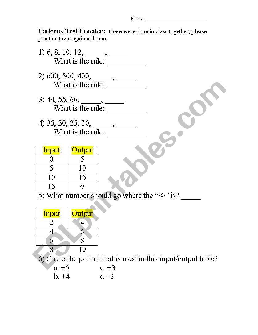 Patterns worksheet