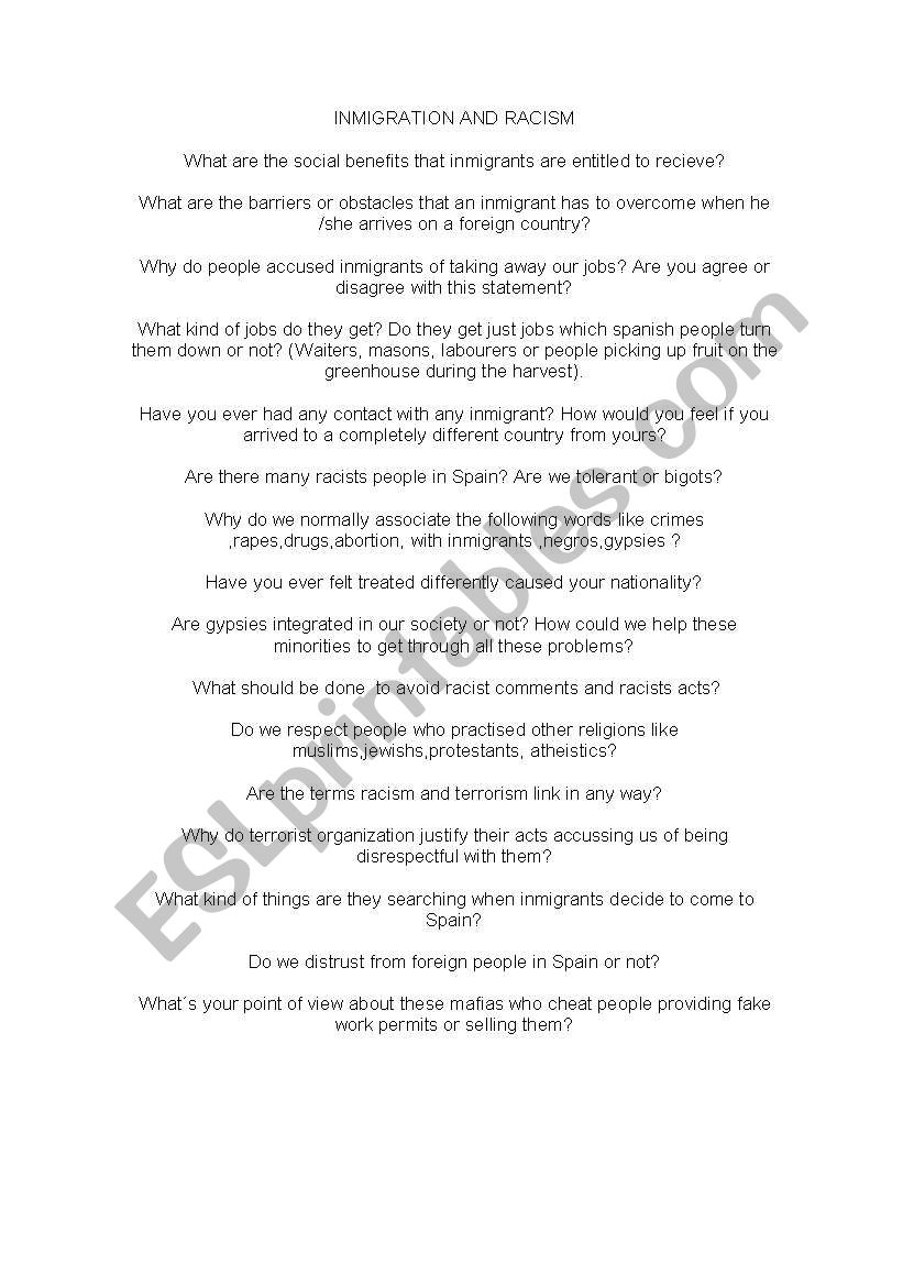 Immigration and racism sheet worksheet