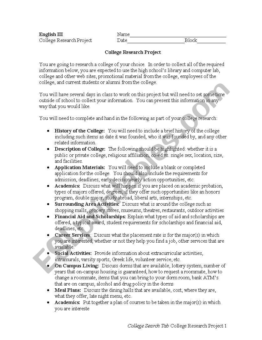 College research project worksheet