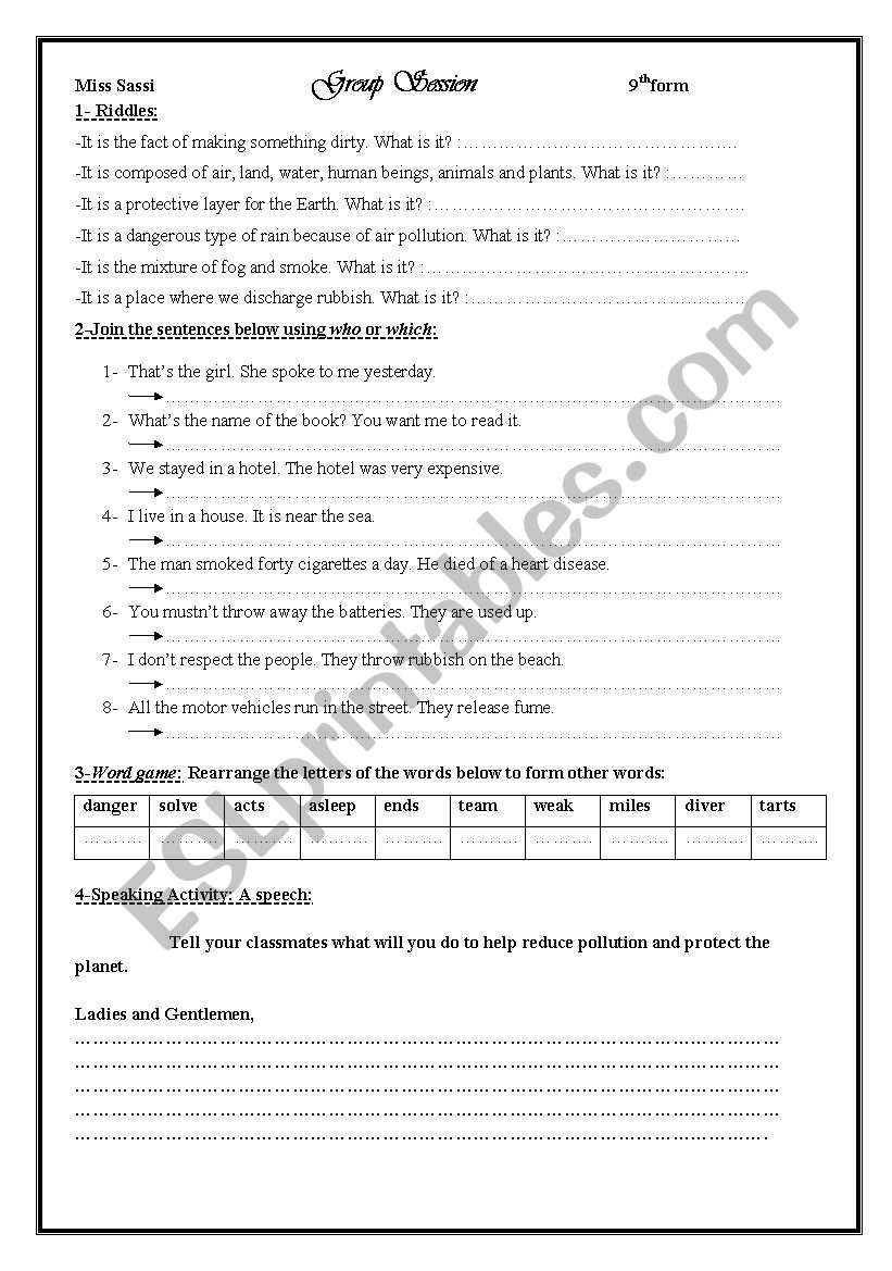 Pollution worksheet