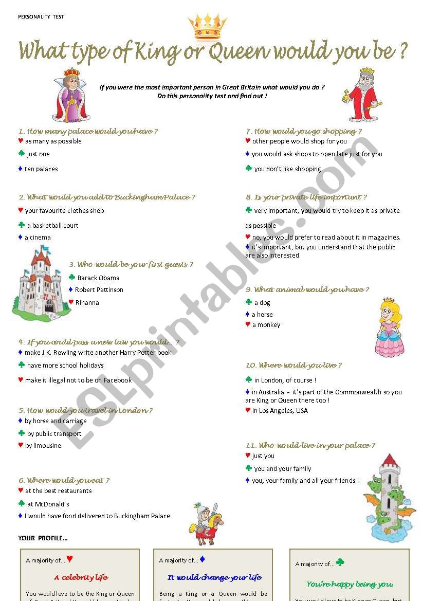 What type of Queen or King would you be ? ( 6/6 ) - ESL worksheet by
