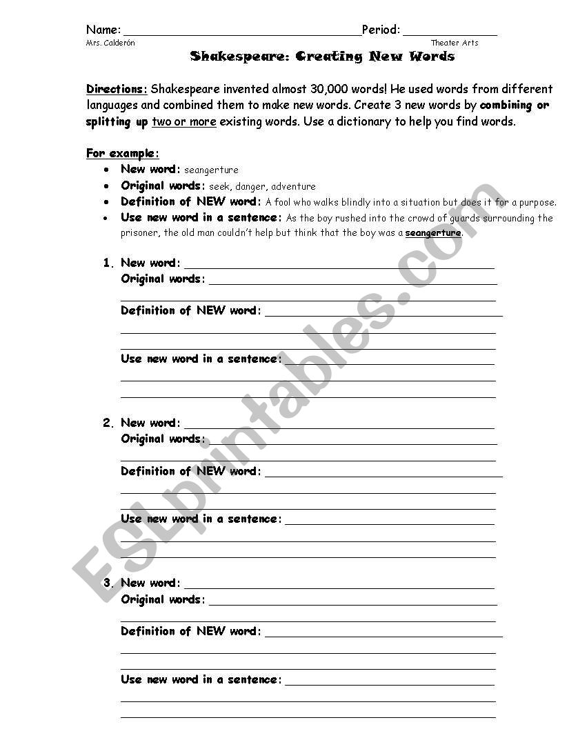 English Worksheets Shakespeare Create A New Word