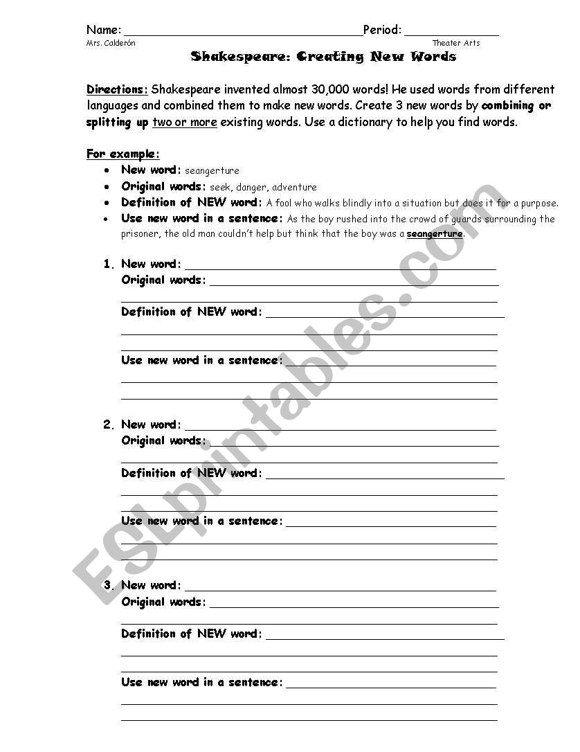 Shakespeare-Create a new word worksheet