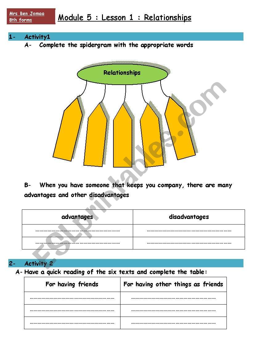 Relationships worksheet