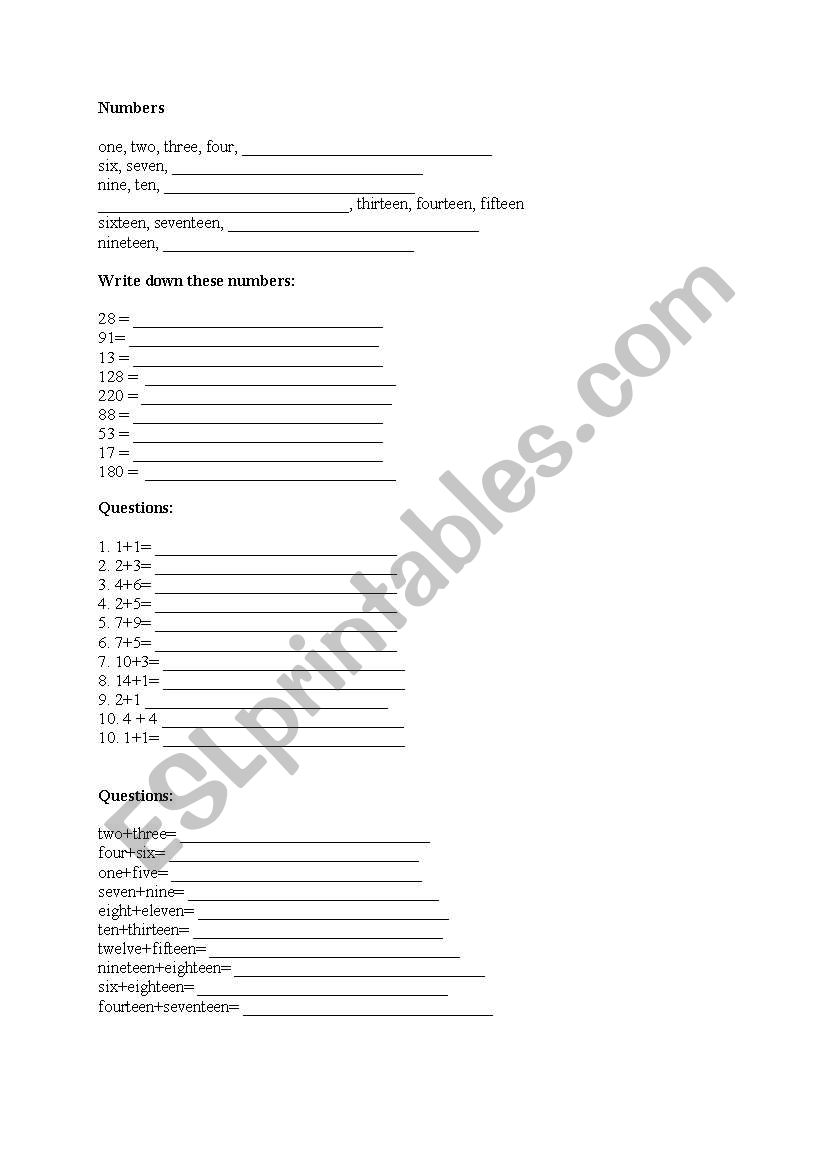 numbers worksheet