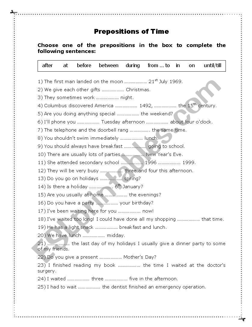 Prepositions of time worksheet