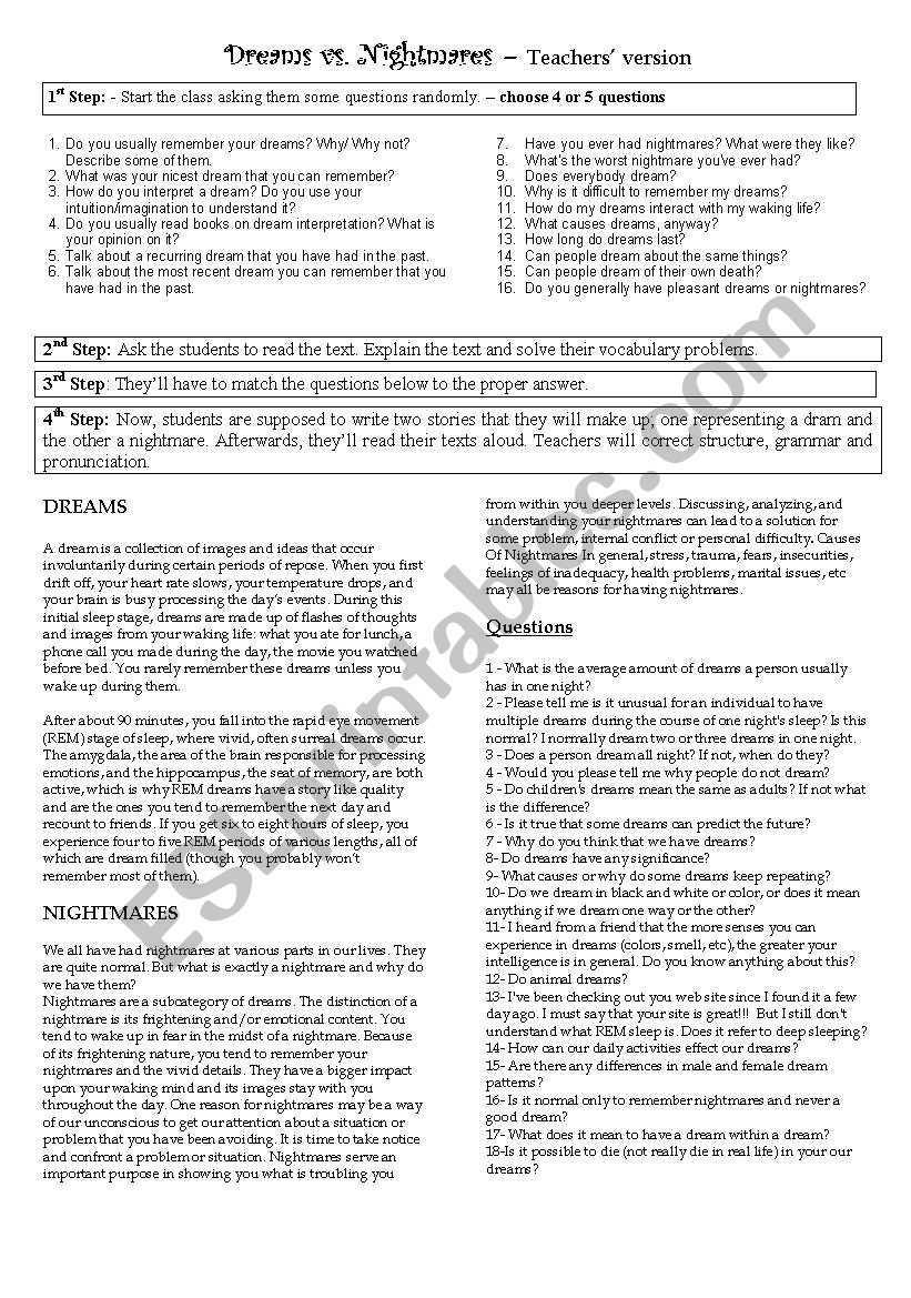 Dreams Vs. Nightmares - TeachersÂ´ guide included