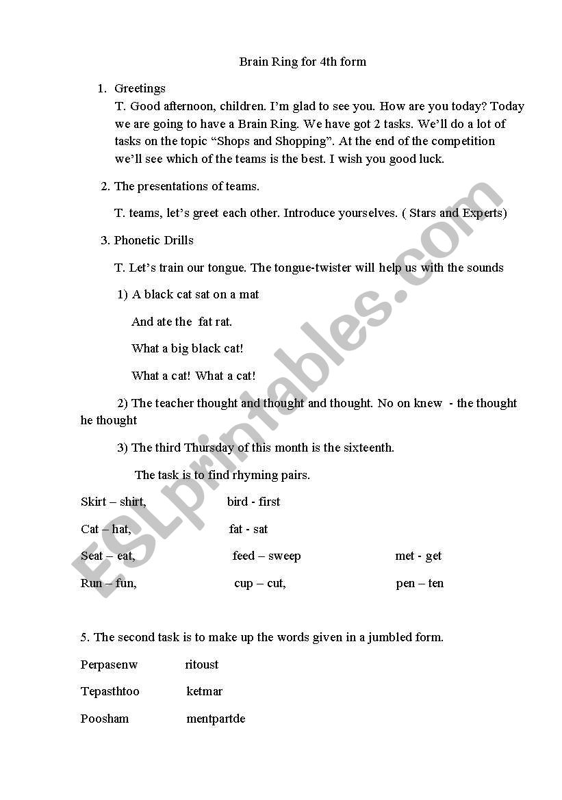 Brain ring (shopping) worksheet