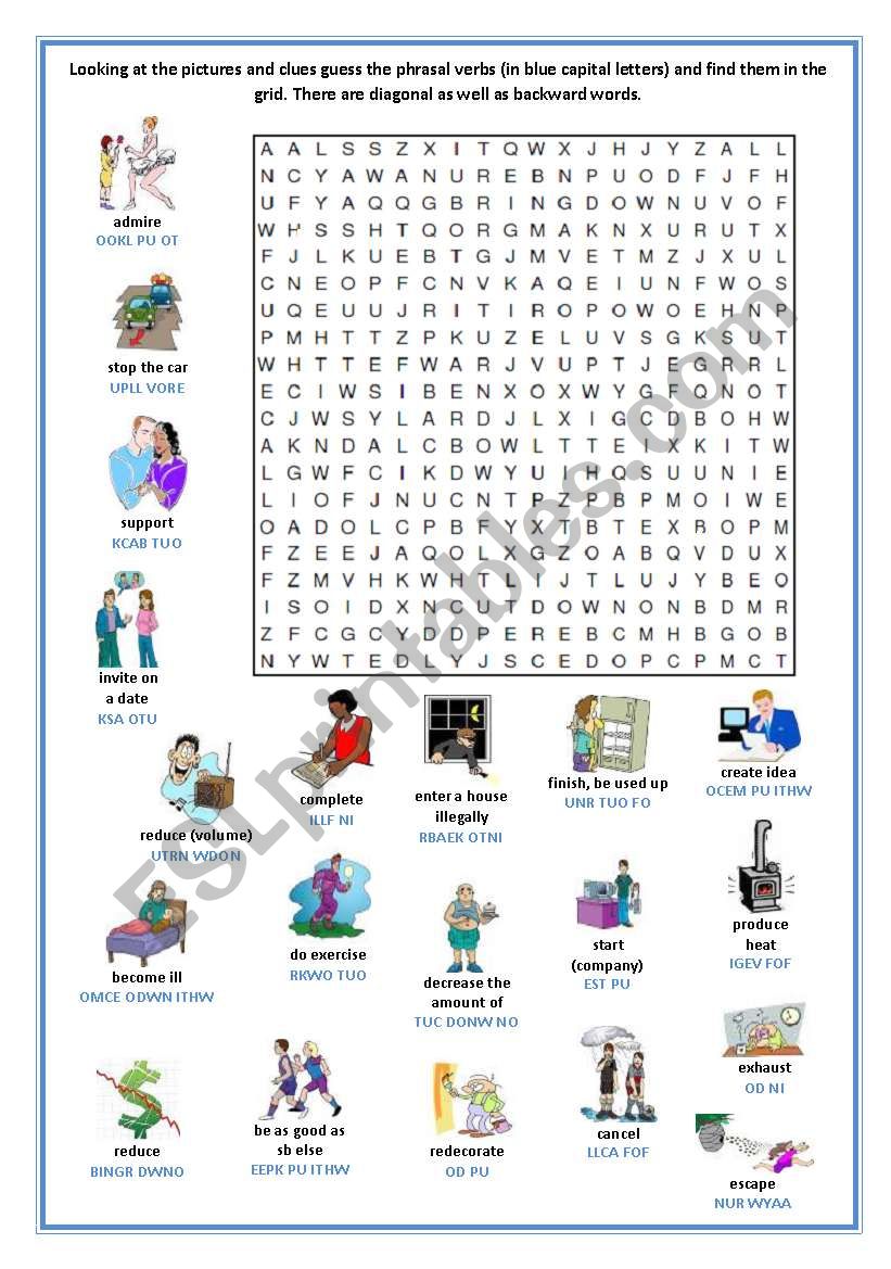 20 phrasal verbs - wordsearch worksheet