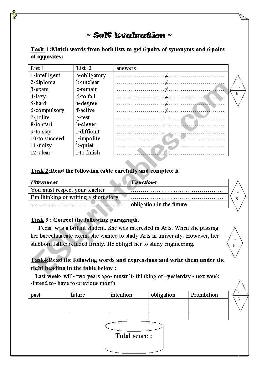 self evaluation worksheet