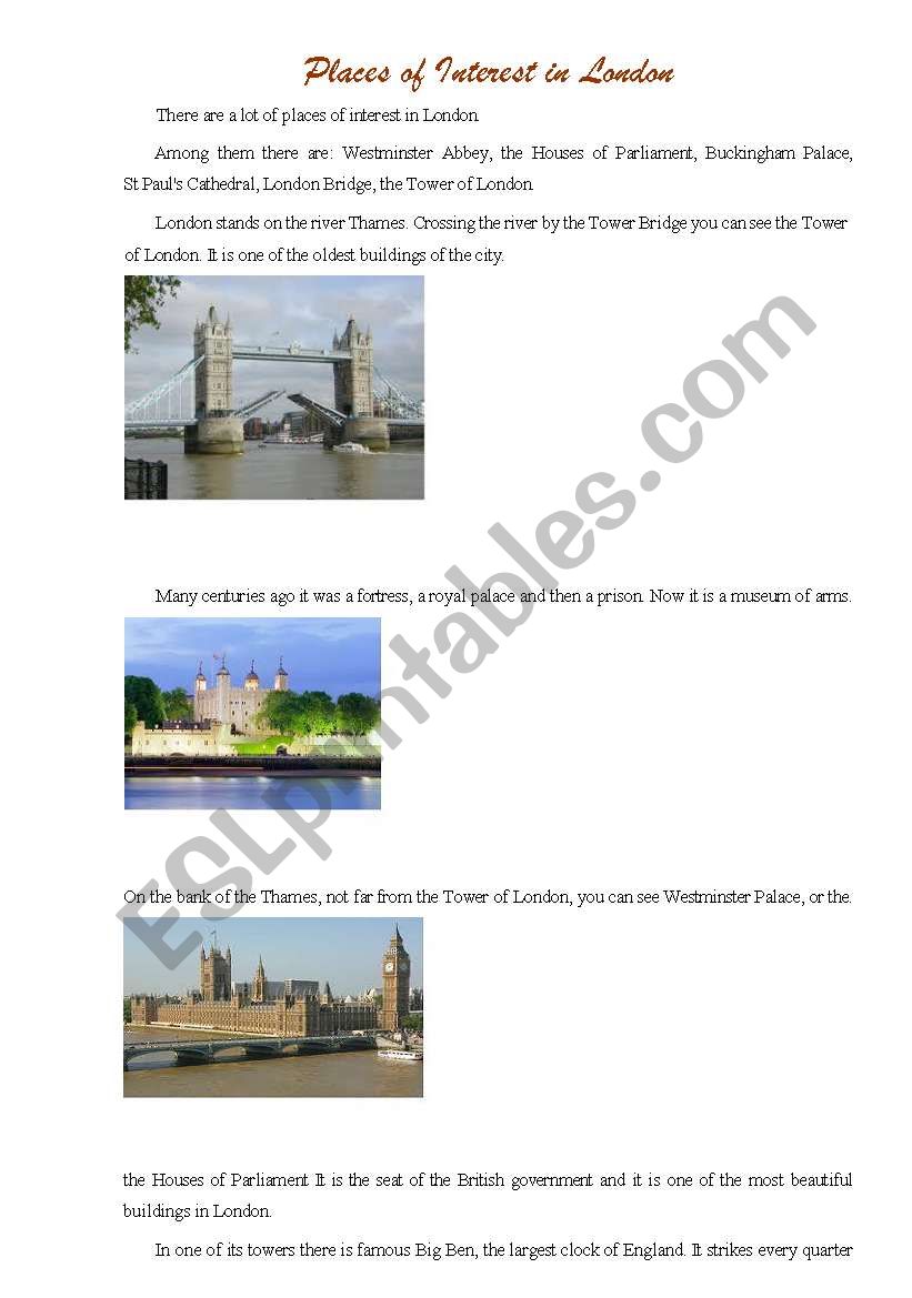 places of interest in London worksheet