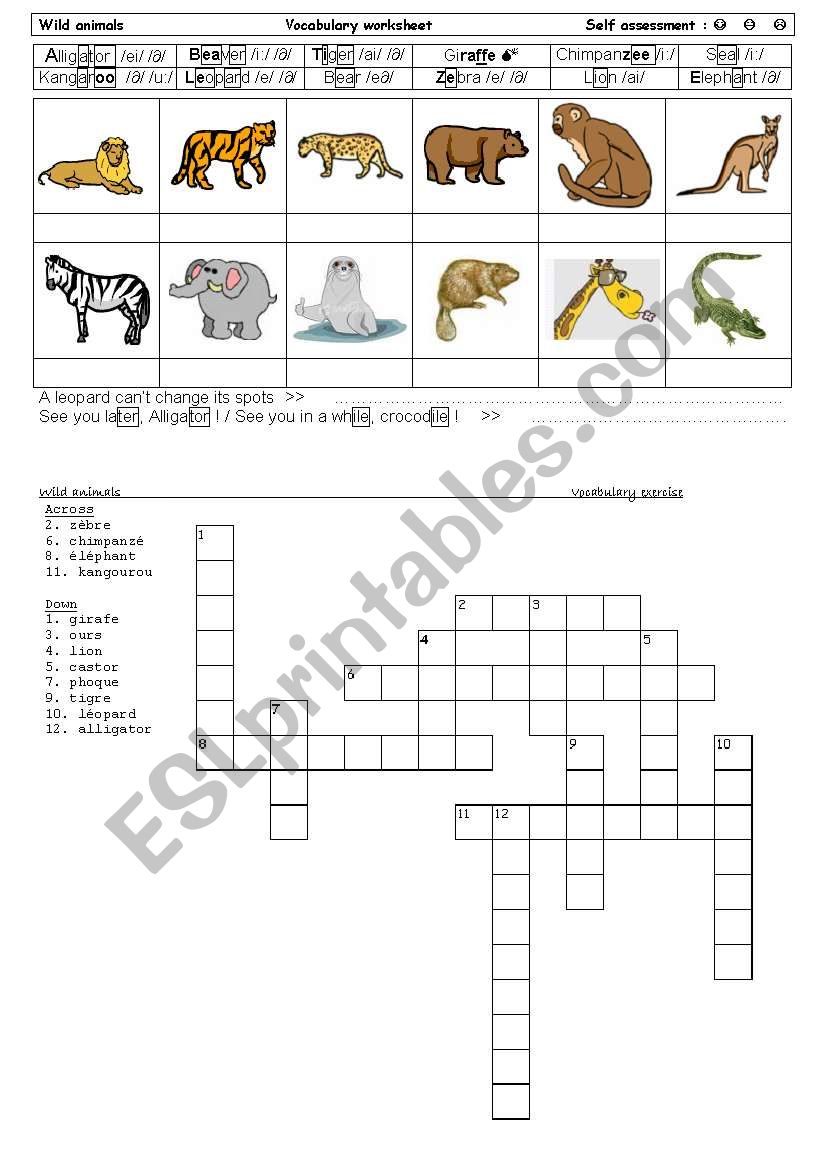 Wild animals vocabulary worksheet + crossword