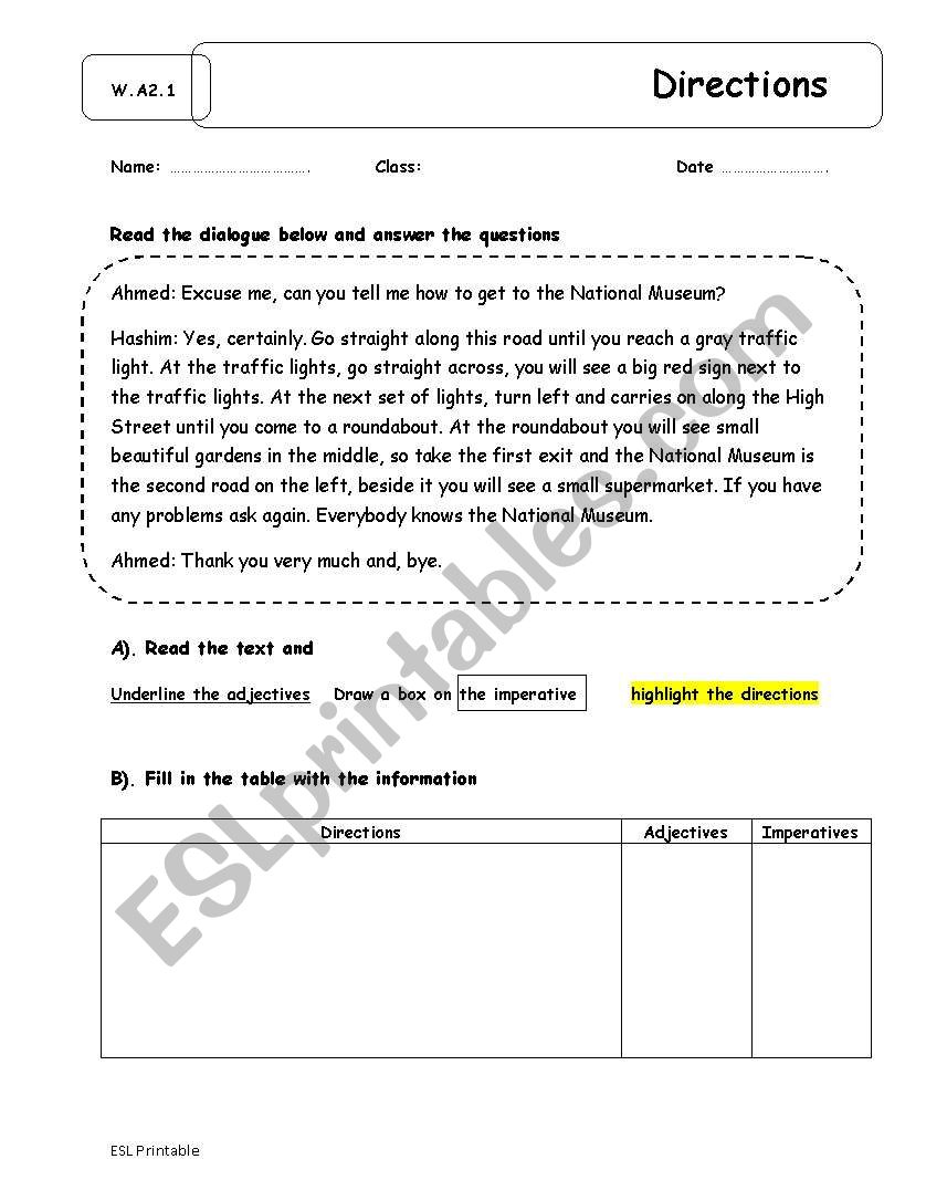 Direactions worksheet
