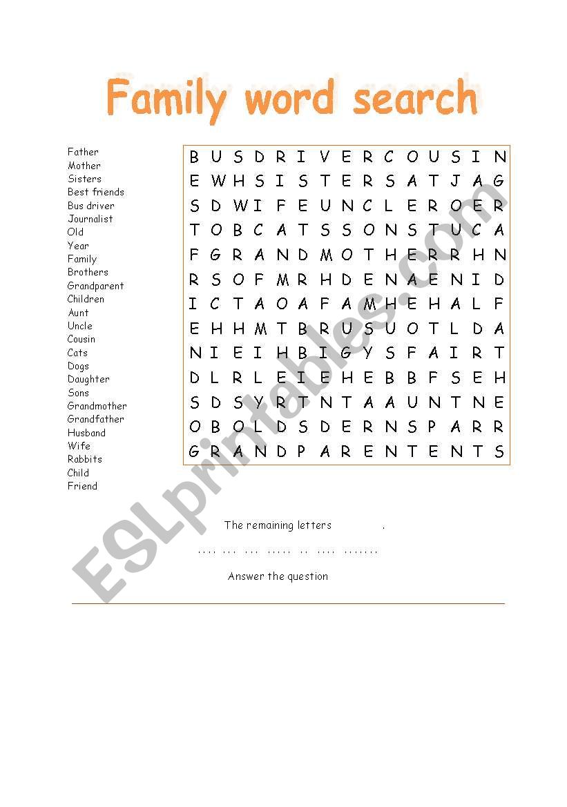 family word search worksheet
