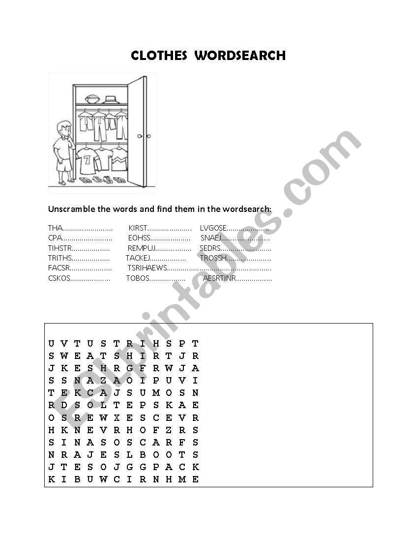 clothes wordsearch worksheet