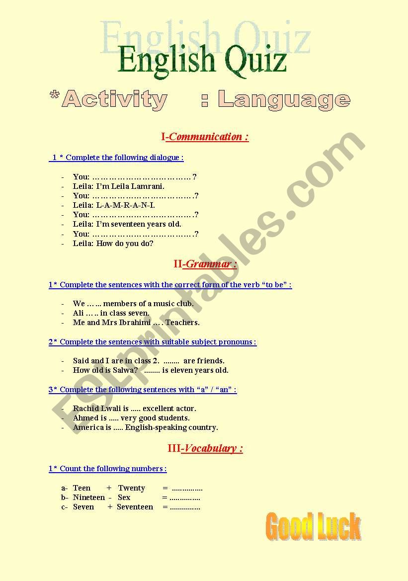 an English Quiz  worksheet