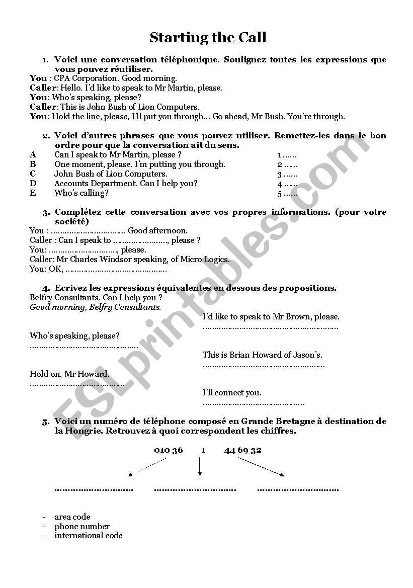 Starting the call worksheet