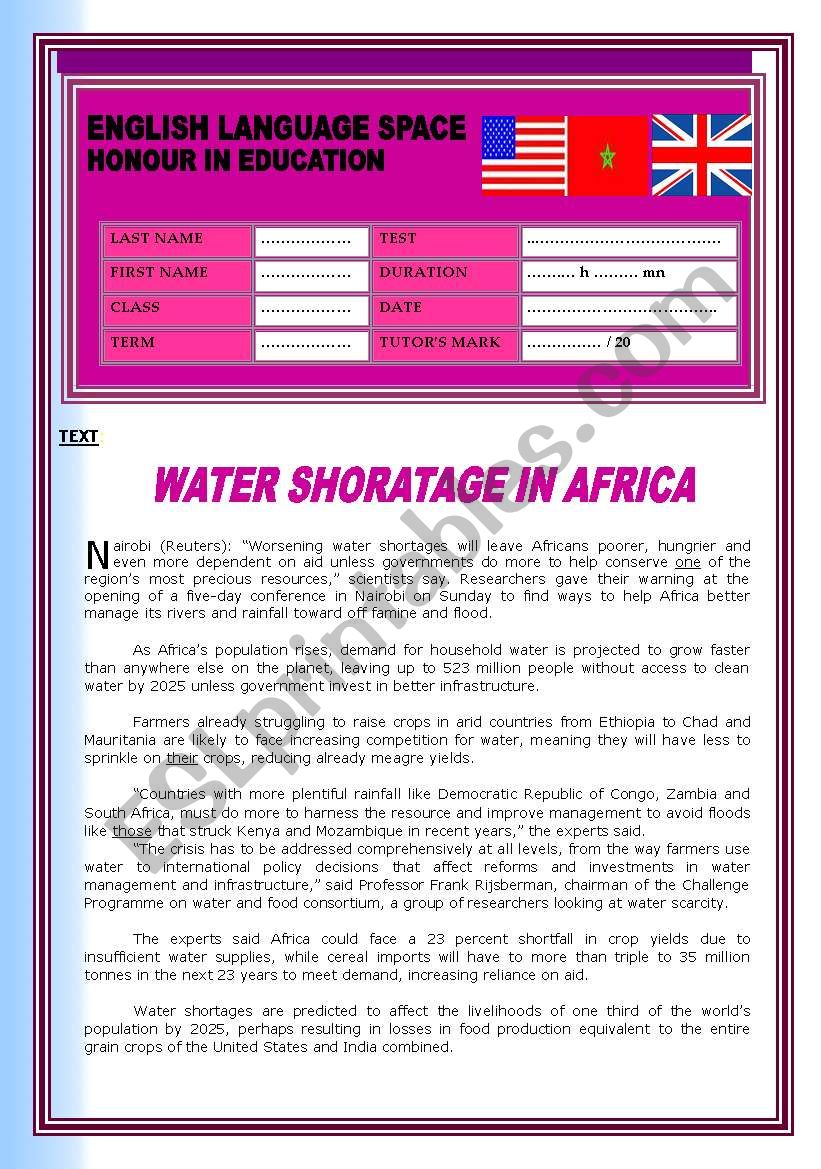 WATER SHORTAGE IN AFRICA worksheet