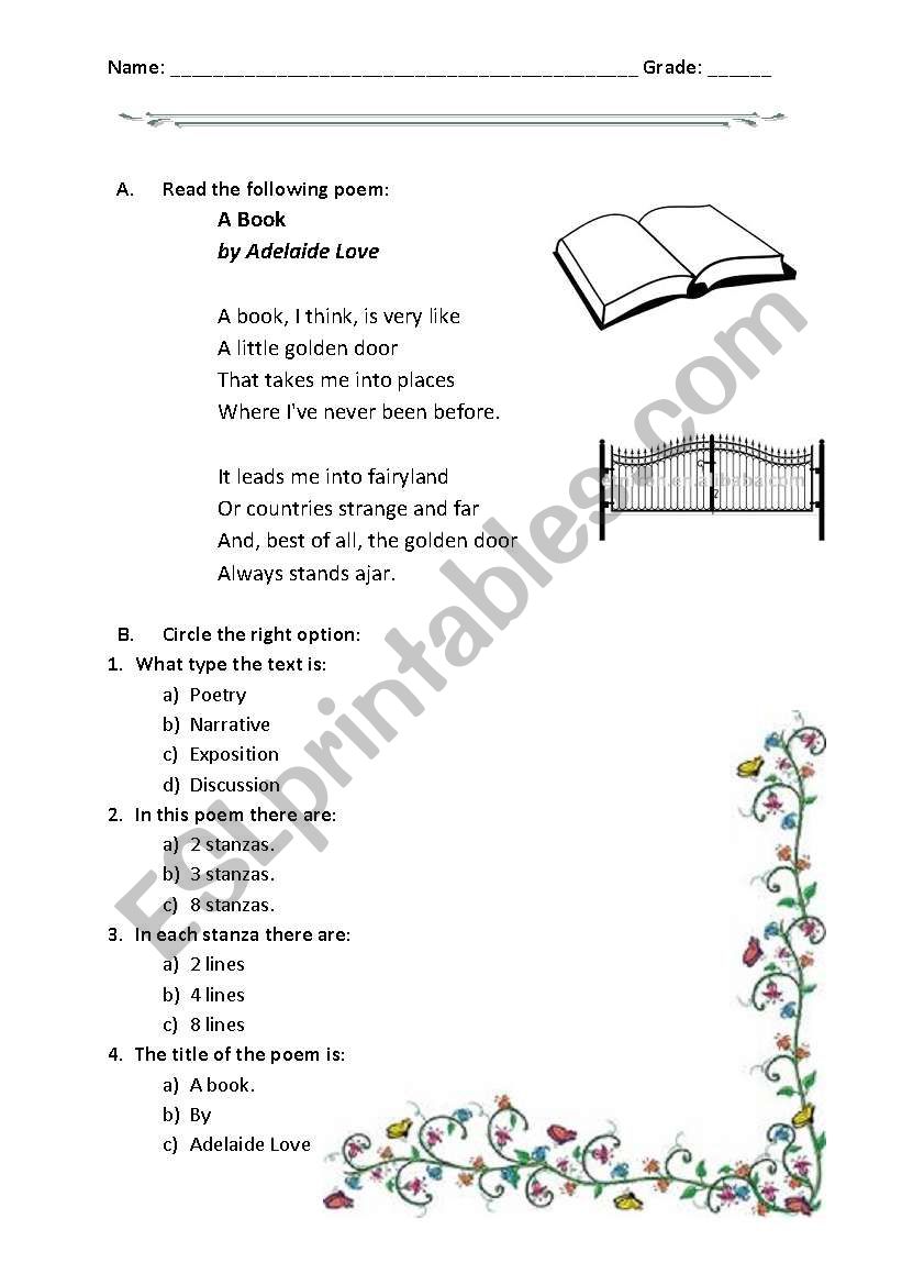 reading a poem: A book worksheet