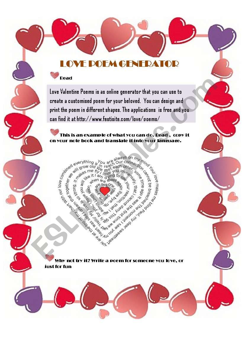 LOVE GENERATOR ESL worksheet by irenemartinez