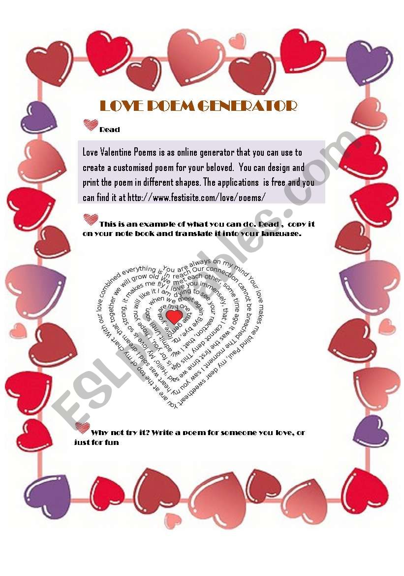 LOVE POEM GENERATOR worksheet