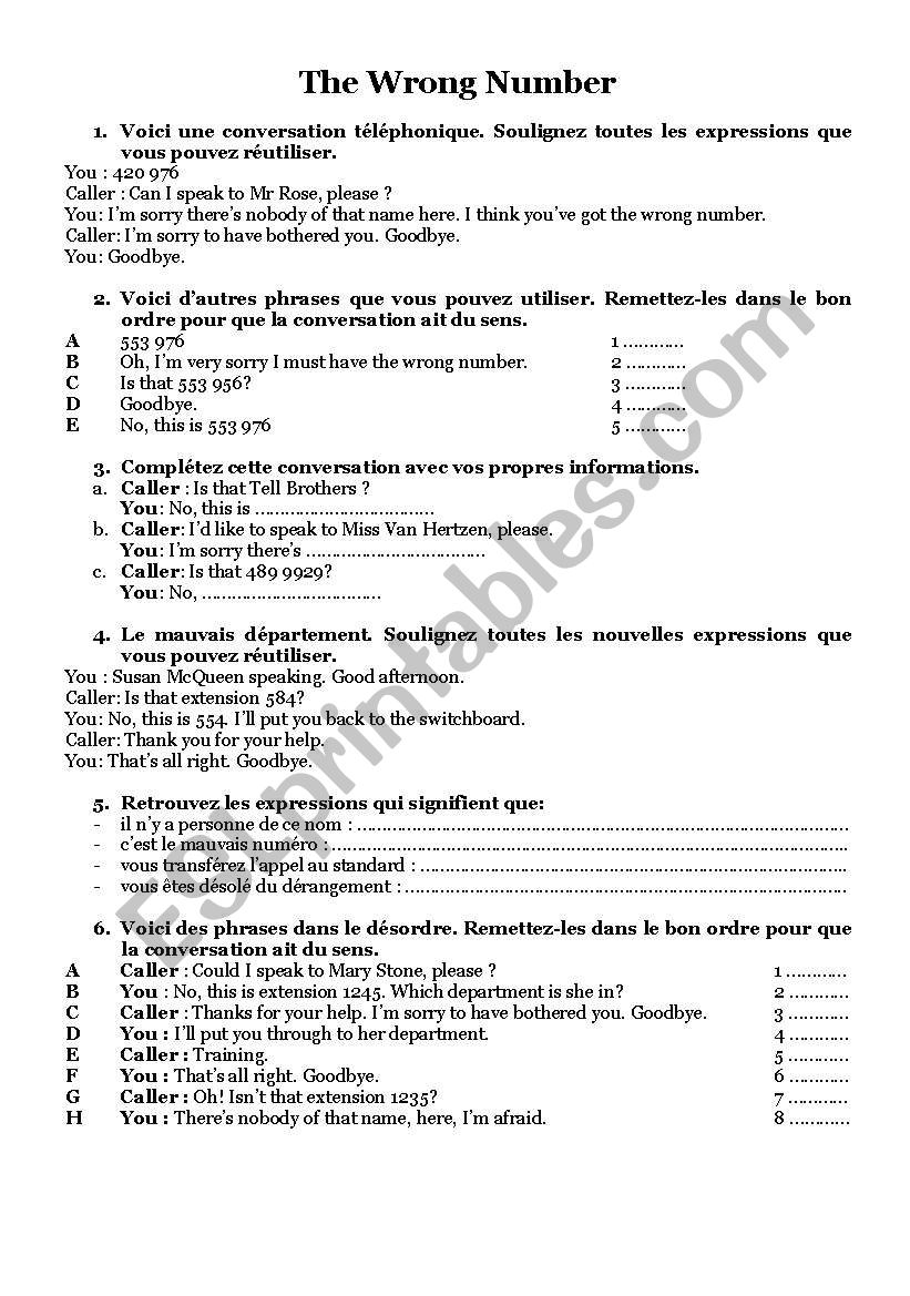 The wrong number worksheet