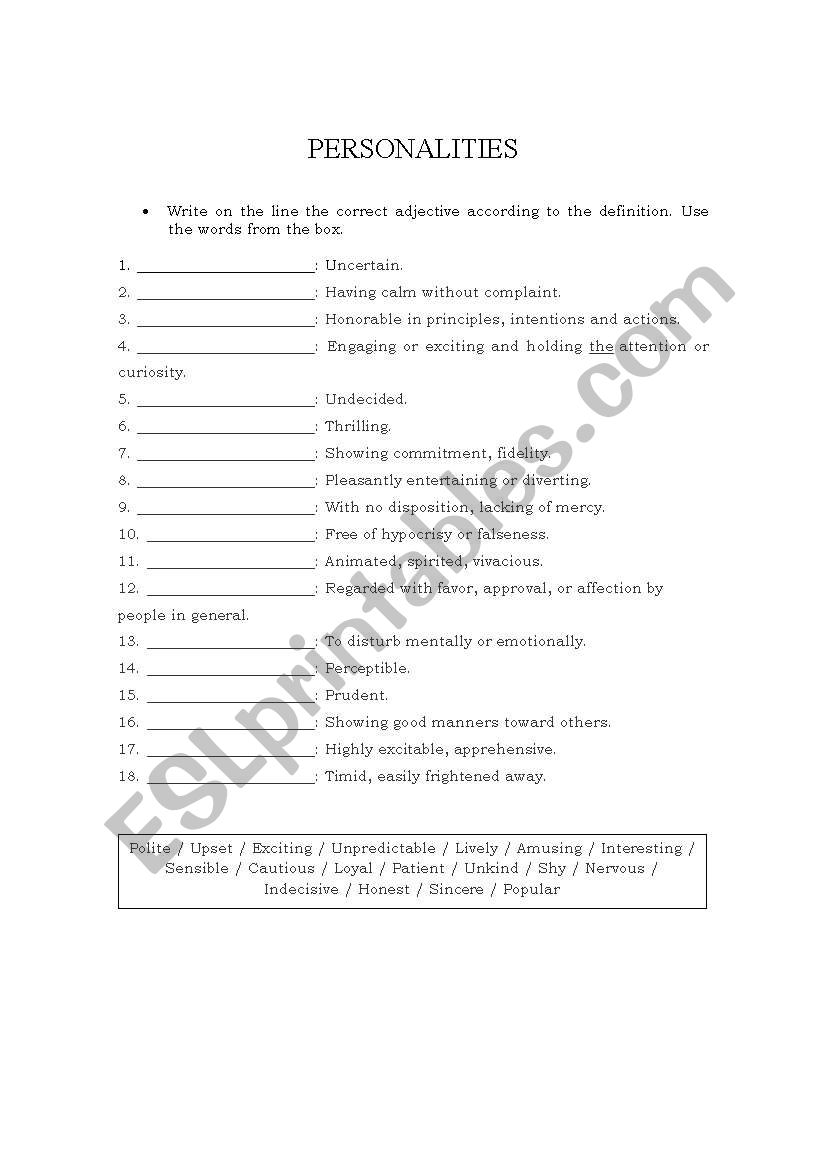 Personality worksheet