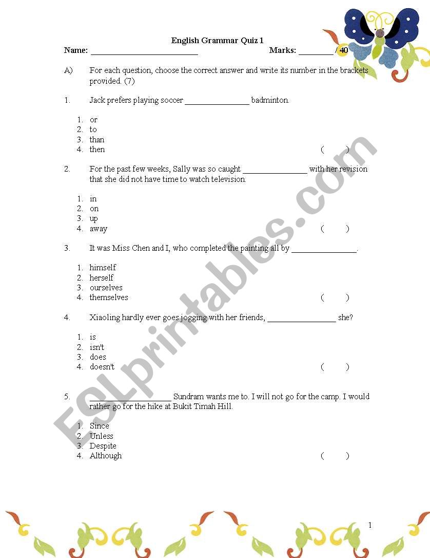 Grammar Quiz 1 worksheet