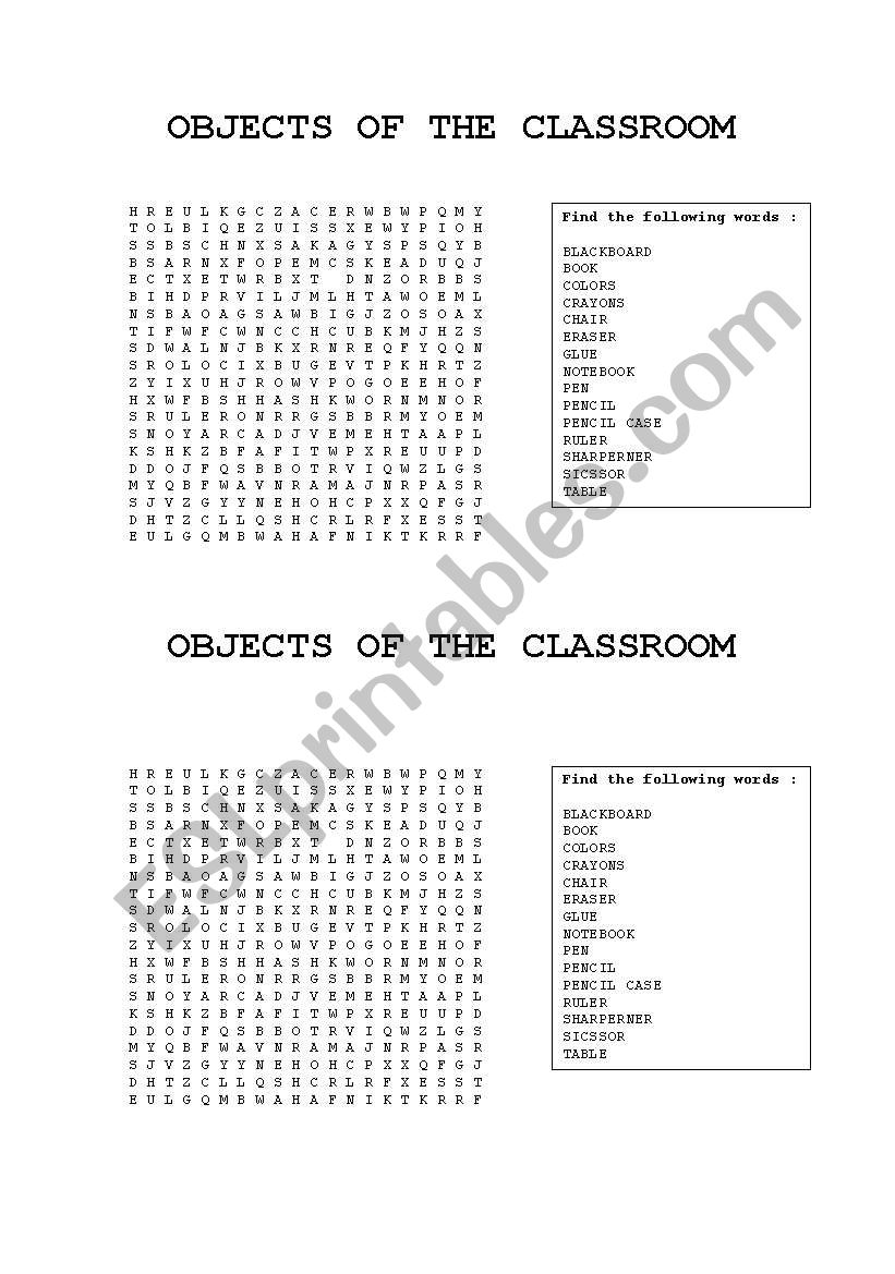 Object s of the classroom worksheet