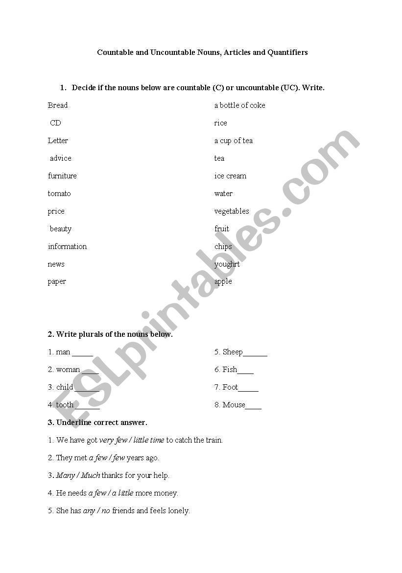 COUNTABLE UNCOUNTABLE NOUNS, ARTICLES, QUANTIFIERS with key