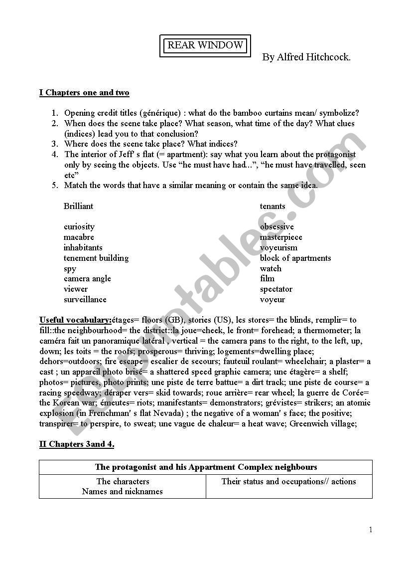 Rear Window. Alfred Hitchcock worksheet