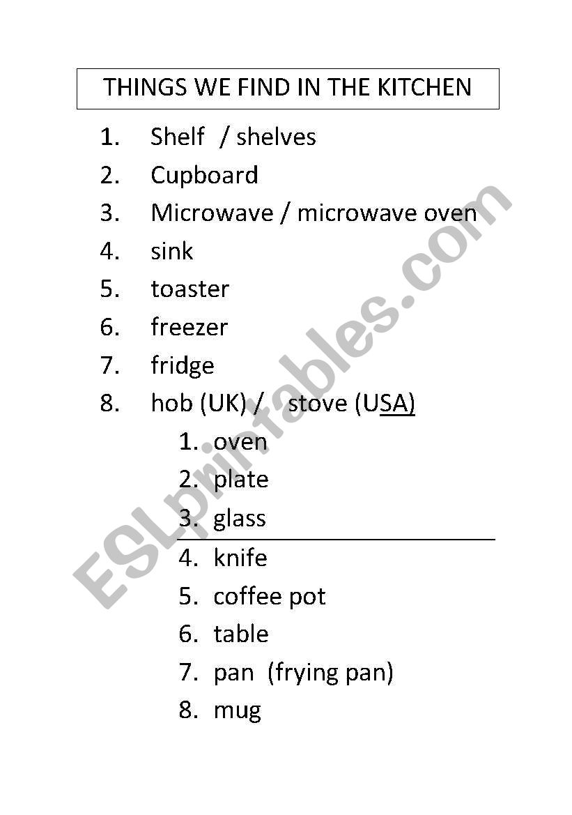 Kitchen vocabulary worksheet