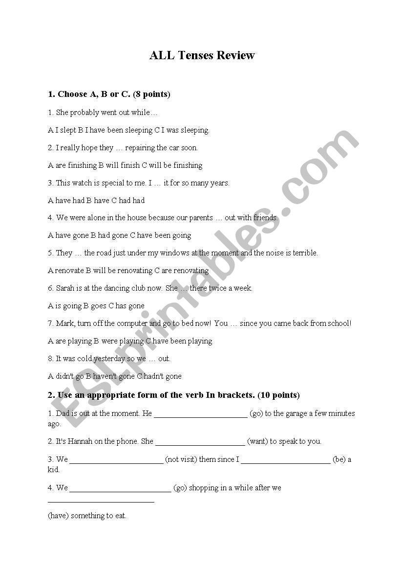 ALL TENSES REWIEV EXERCISES/TEST with KEY!!