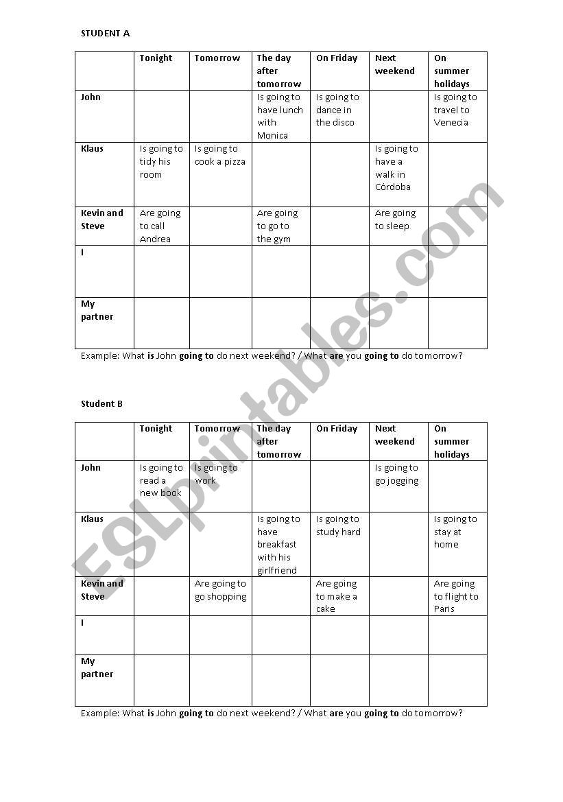 Speaking in pairs- Going to  worksheet