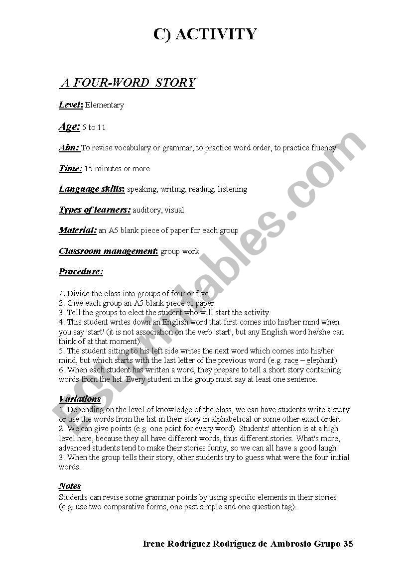  A FOUR-WORD  STORY worksheet