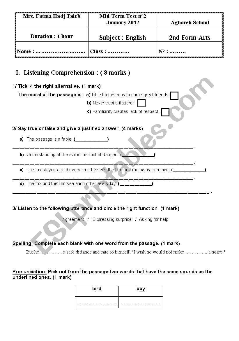 Mid-term test nÂ°2 for 2nd forms Arts