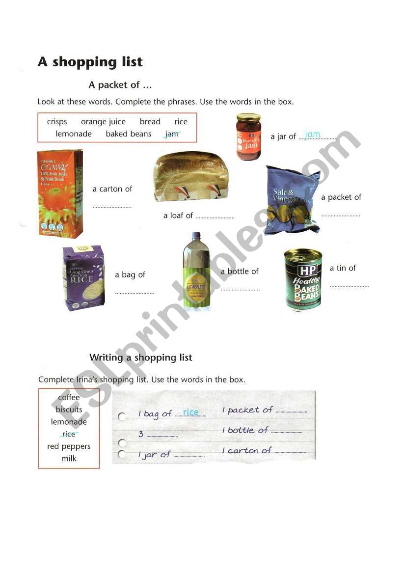  A shopping list worksheet