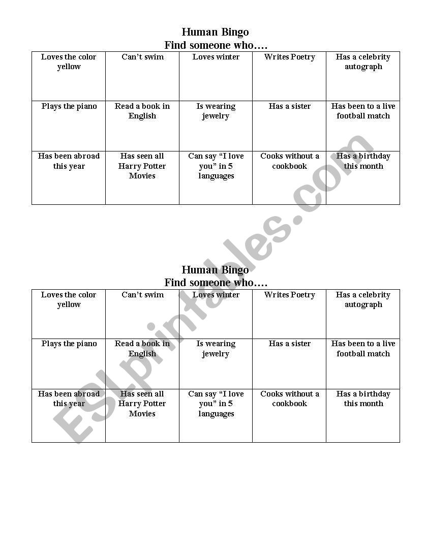 Human Bingo worksheet