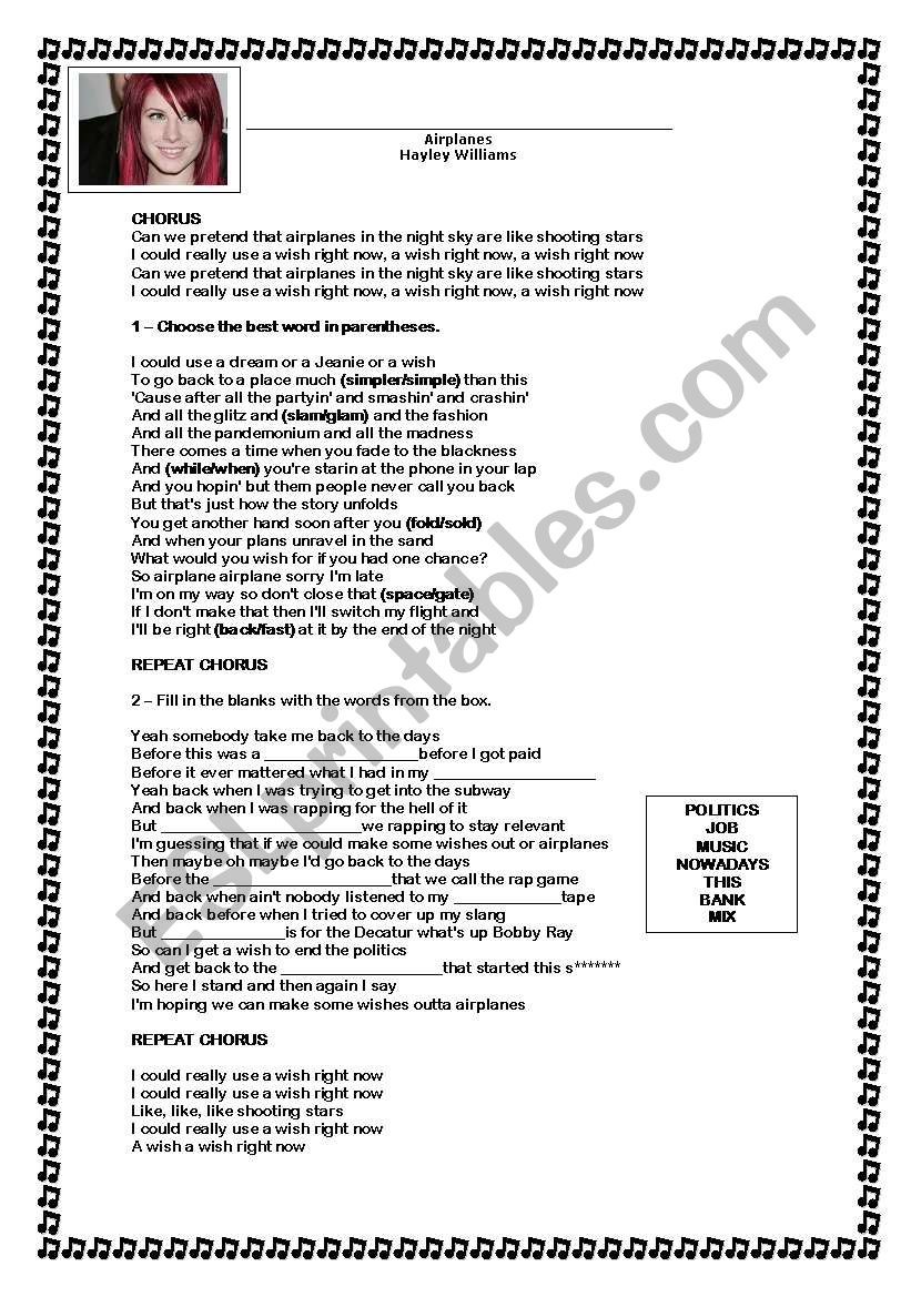 Song - Airplanes worksheet