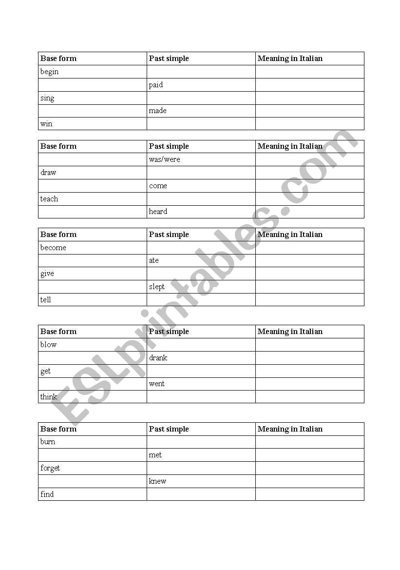 Irregular verbs test worksheet