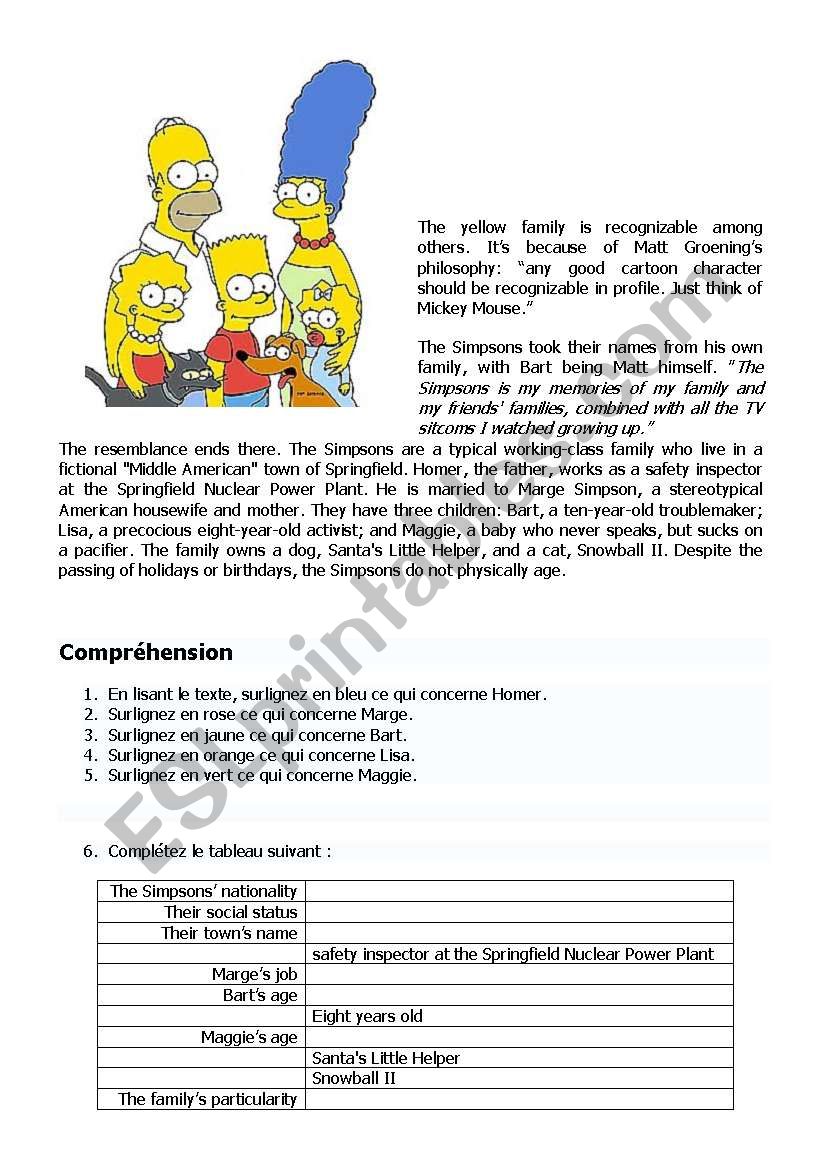 The Simpsons worksheet