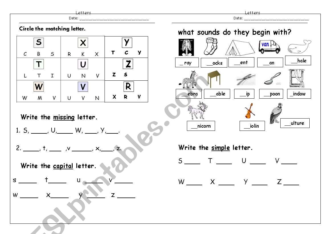 Alphabet letters t-z worksheet