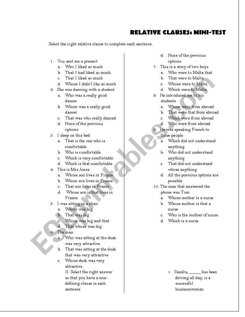 Relative Clauses text  worksheet