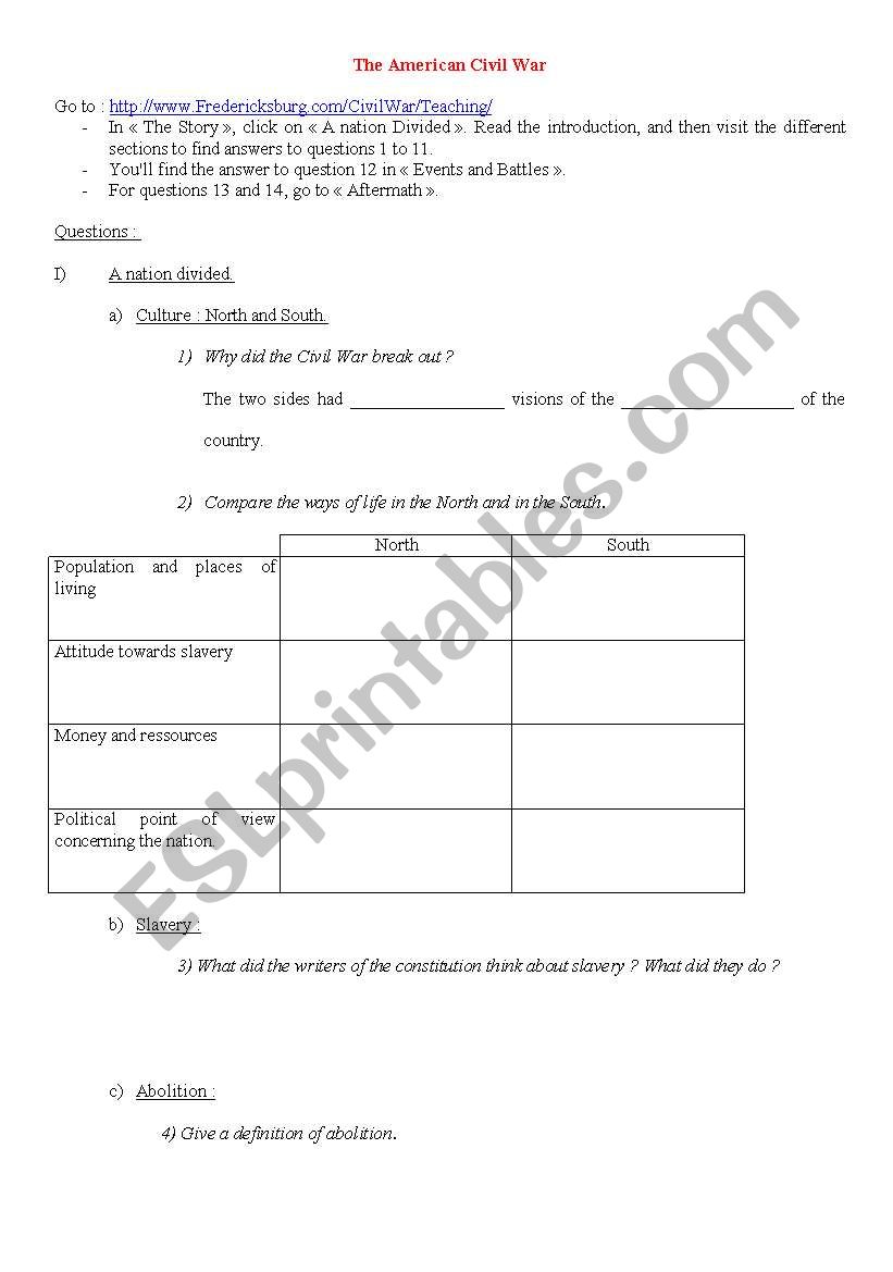 American civil war worksheet