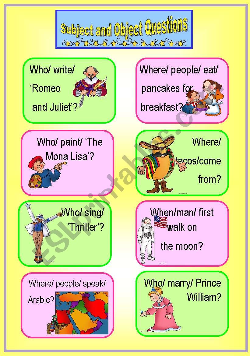 Subject and Object Questions Speaking Cards *with key*