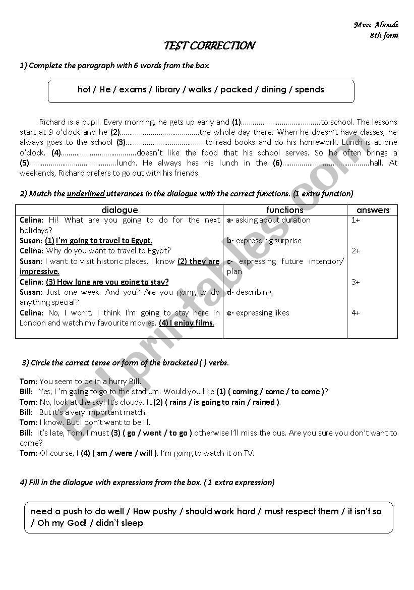 test correction 8th form worksheet