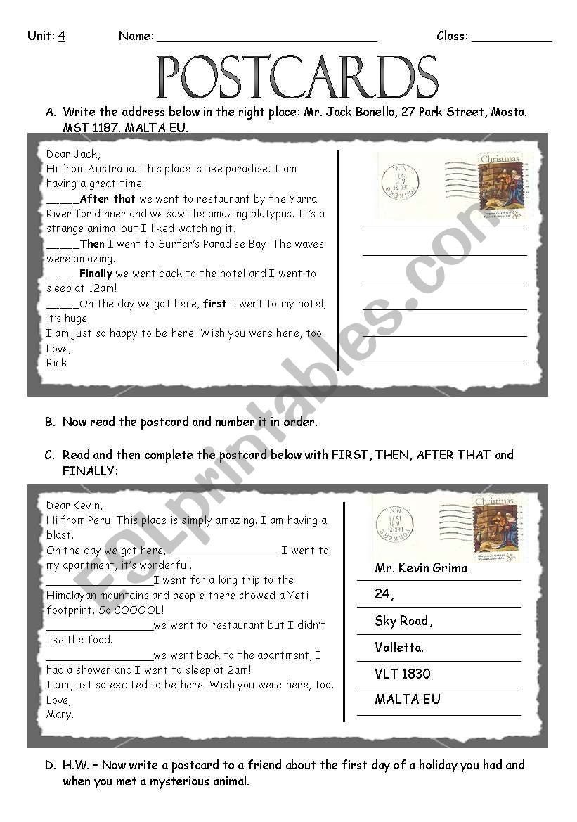 Postcard writing  worksheet